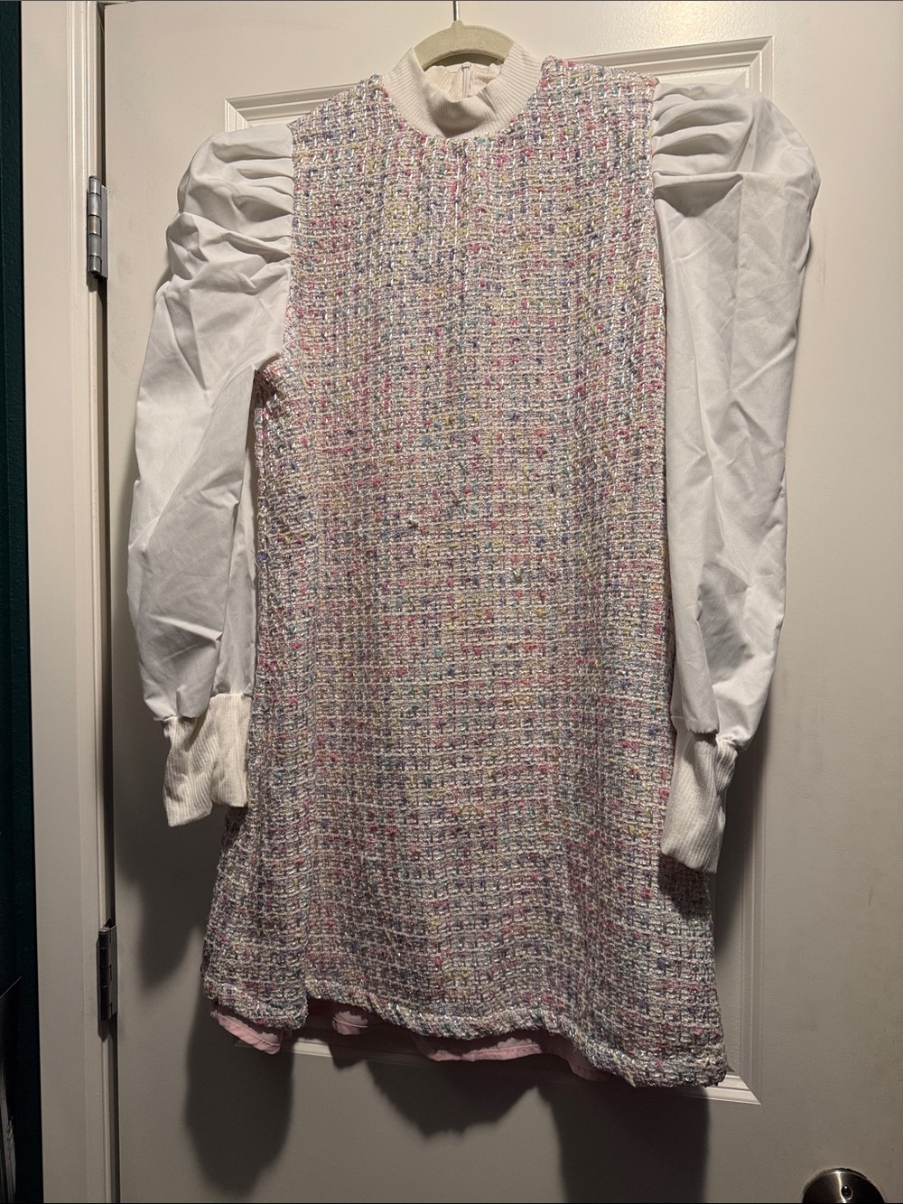 SHEIN Pastel Tweed Mini Dress with White Puff Sleeves